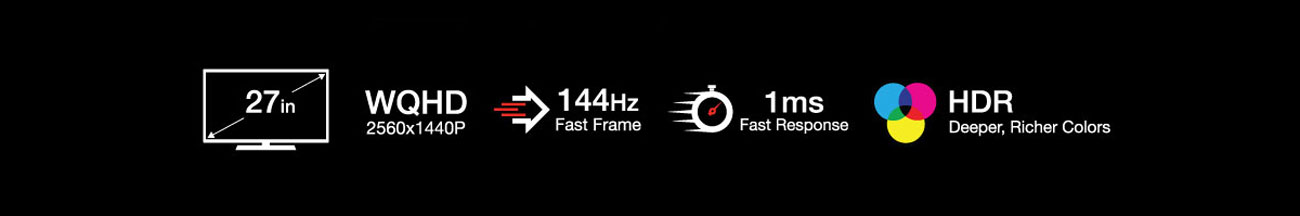 27in icon, WQHD icon, 144Hz icon, 1ms icon, HDR icon, Freesync icon